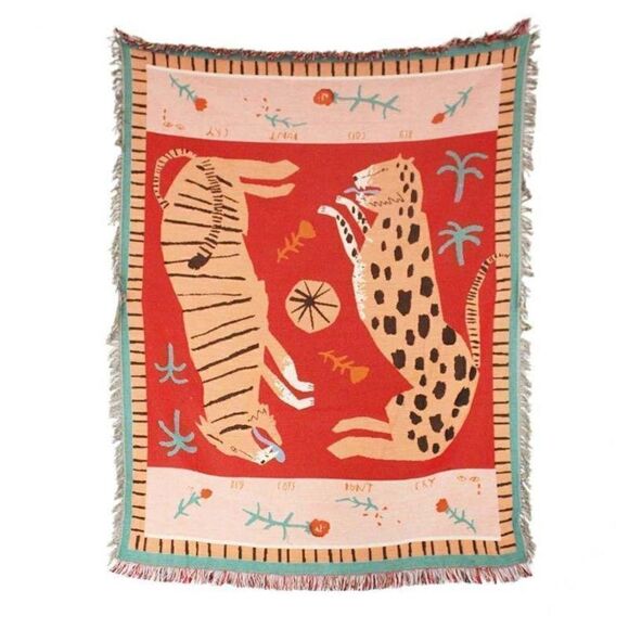 Tiger and Cheetah Boho Orange Woven Throw Blanket Tapestry Big Cats Don’t Cry - Picture 1 of 7